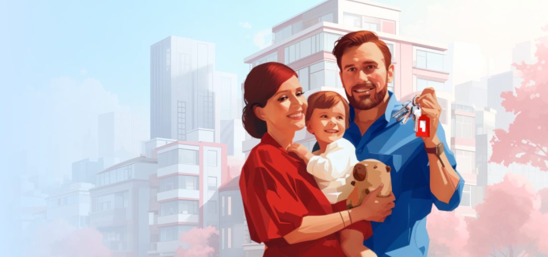 Семья на фоне домов